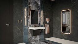 Contemporary, pill-shaped mirrors in bathroom setting above sink, one with LED backlights. Contemporary, pill-shaped mirrors in bathroom setting above sink, one with LED backlights.