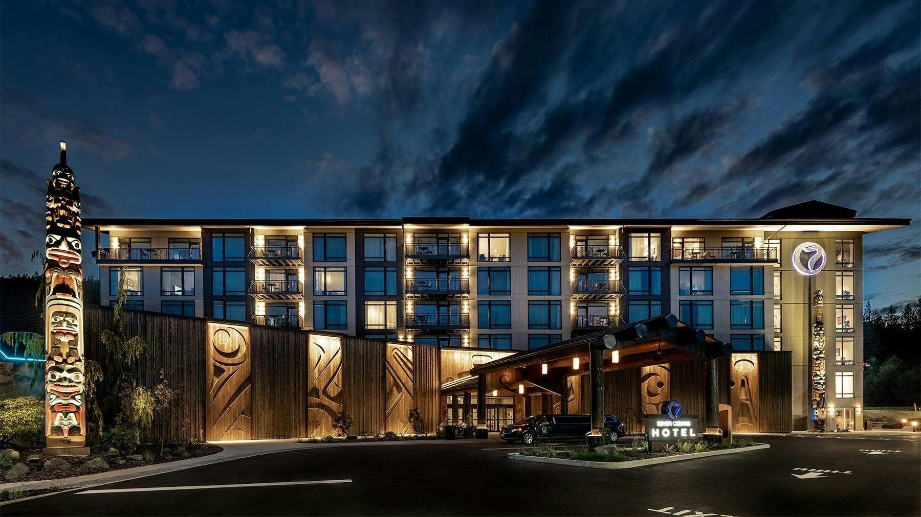 7 Cedars Hotel in Sequim, Wash., incorporates seven Western Cedar totems - carved by Northwest artists - representative of the Jamestown S&rsquo;Klallam Tribe to welcome guests. Symbols represent land and sea animals, spiritual traditions, and mythical figures,