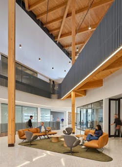 University of Arkansas I3R building atrium features a soaring mass timber canopy, steel laboratory corridor, and plenty of collaborative spaces. University of Arkansas I3R building atrium features a soaring mass timber canopy, steel laboratory corridor, and plenty of collaborative spaces.