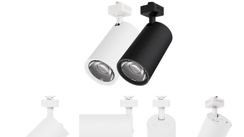 The PXS Pixora trackhead, shown in white and black and in different orientations, is engineered for adaptability.