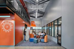 Breakout space creates opportunities to collaborate and study, equipped with soft seating, writing surfaces, and carpeting to help reduce noise. Breakout space creates opportunities to collaborate and study, equipped with soft seating, writing surfaces, and carpeting to help reduce noise.