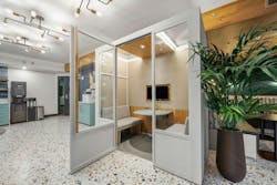 Interior study area inside the Berkeley Building, featuring seating and A/V equipment for student video conferencing. Interior study area inside the Berkeley Building, featuring seating and A/V equipment for student video conferencing.