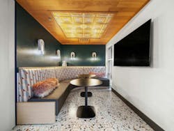 Interior study area inside the Berkeley Building, featuring seating and A/V equipment for student video conferencing. Interior study area inside the Berkeley Building, featuring seating and A/V equipment for student video conferencing.