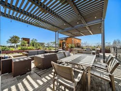 Rooftop terrace at the Berkeley Building with seating, tables, planters, and a table tennis area for students. Rooftop terrace at the Berkeley Building with seating, tables, planters, and a table tennis area for students.
