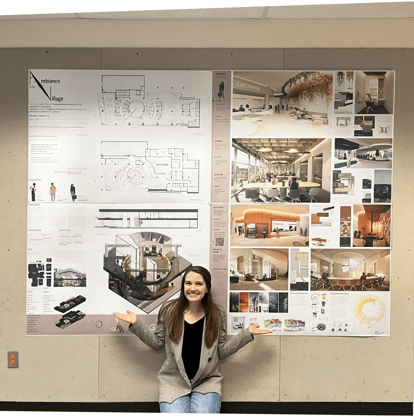 Jenna Morrison presents her Bellevue College capstone posters with guidance from IA Interior Architects' David Kutsunai.