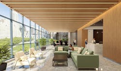 Rockfon's Sequence Linear Metal Beam Baffles installed in a workplace. Rockfon's Sequence Linear Metal Beam Baffles installed in a workplace.