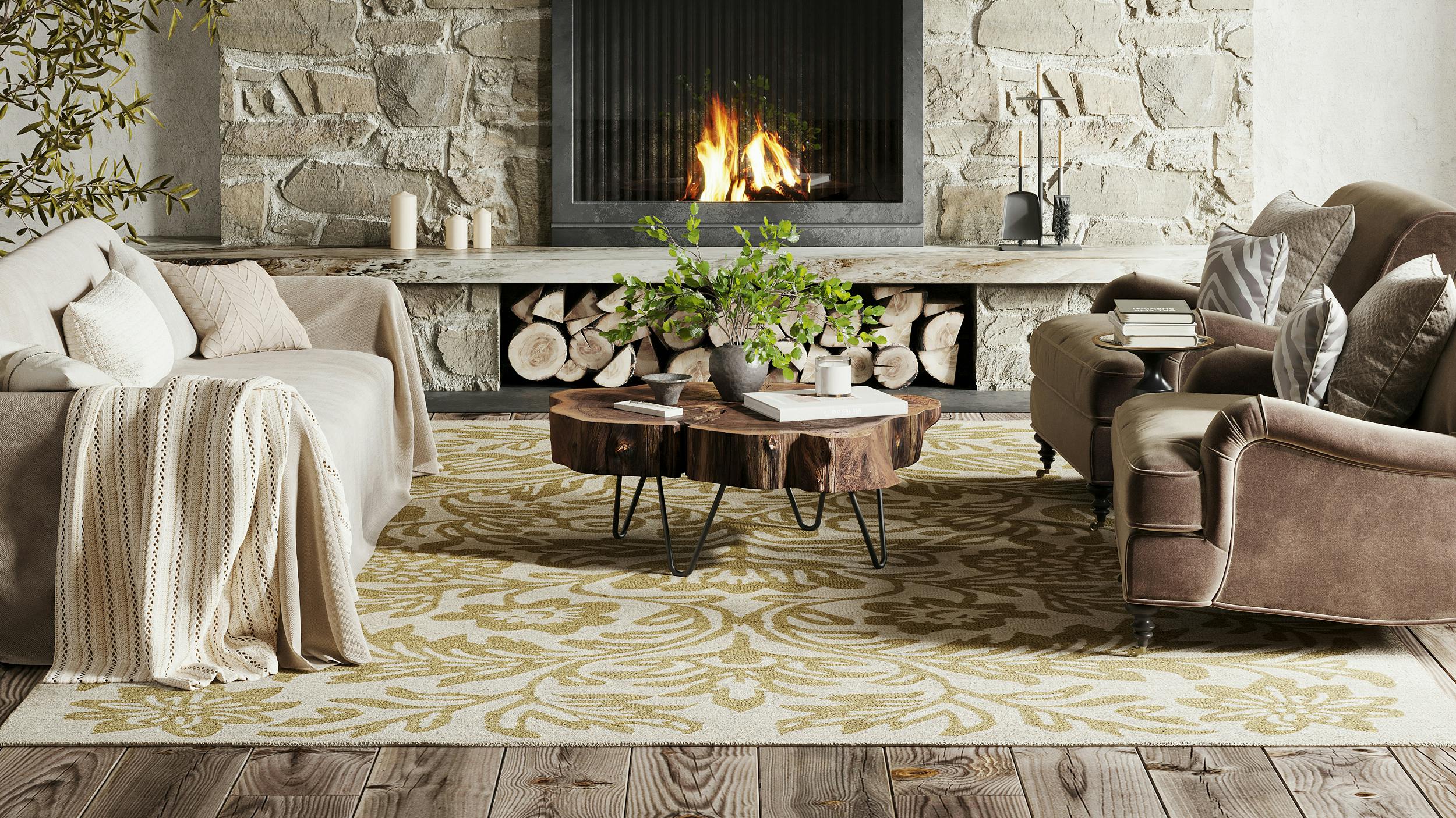 The Ayloh Transitional Floral and Paisley Rug from Rugs USA adds warmth and elegance to this rustic living room.