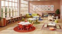 Marco Early Learning Classroom with soft shapes, rounded corners, and designated areas for solo work and group projects. Marco Early Learning Classroom with soft shapes, rounded corners, and designated areas for solo work and group projects.