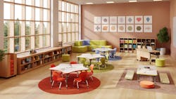 Marco Early Learning Classroom with soft shapes, rounded corners, and designated areas for solo work and group projects. Marco Early Learning Classroom with soft shapes, rounded corners, and designated areas for solo work and group projects.