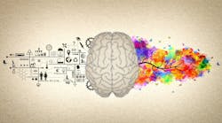 Rendering of brain with technical symbols on left-hand side and colorful leaves with branching tree on right. Rendering of brain with technical symbols on left-hand side and colorful leaves with branching tree on right.