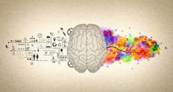 Rendering of brain with technical symbols on left-hand side and colorful leaves with branching tree on right. Rendering of brain with technical symbols on left-hand side and colorful leaves with branching tree on right.