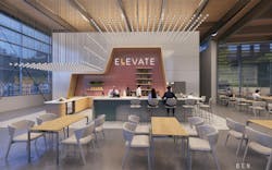 Rendering of Elevate coffee bar with high-end pendant lighting, modern minimalist aesthetic, and branding Rendering of Elevate coffee bar with high-end pendant lighting, modern minimalist aesthetic, and branding