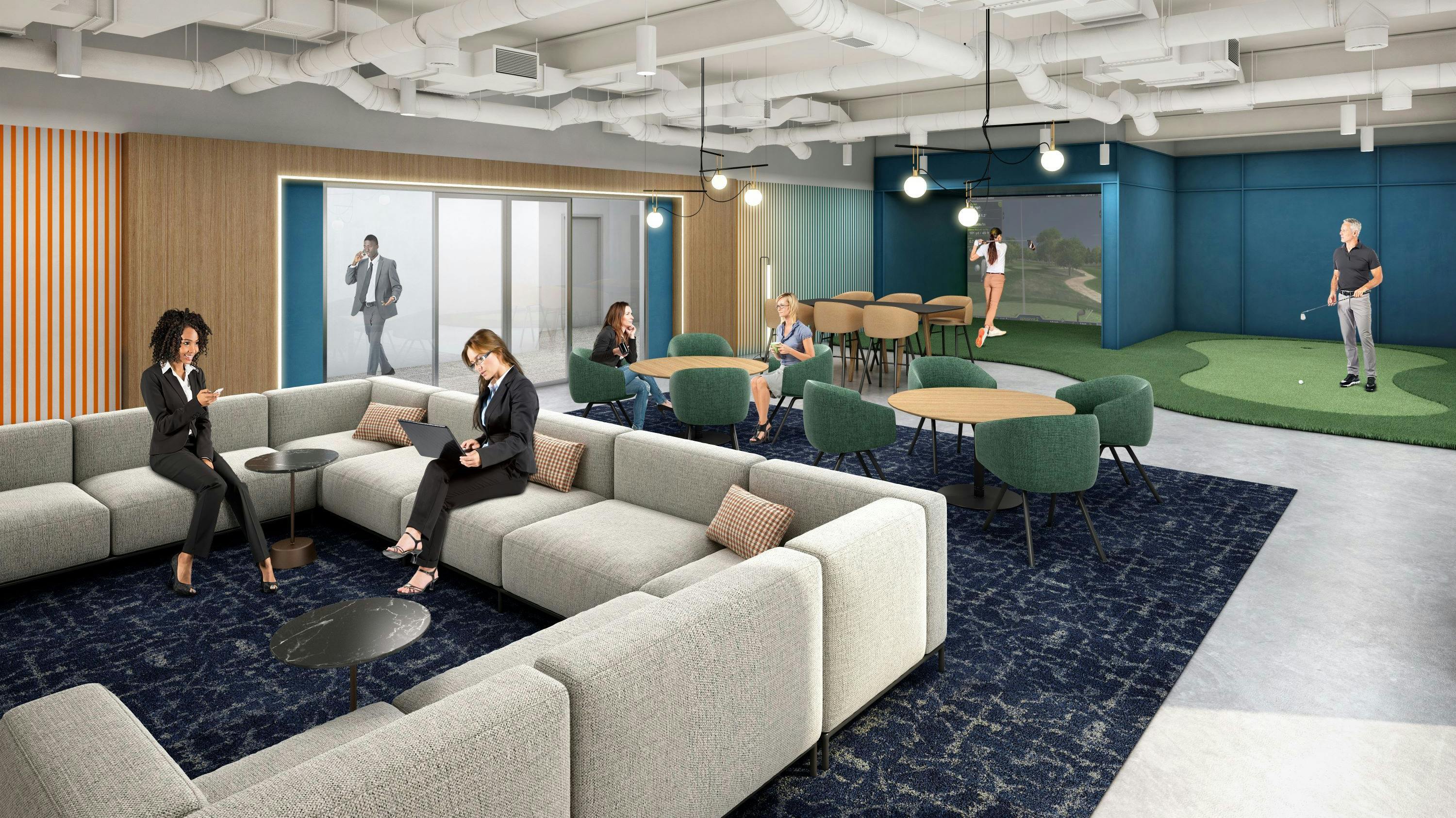 Employee lounge and game room with golf simulator and group seating areas