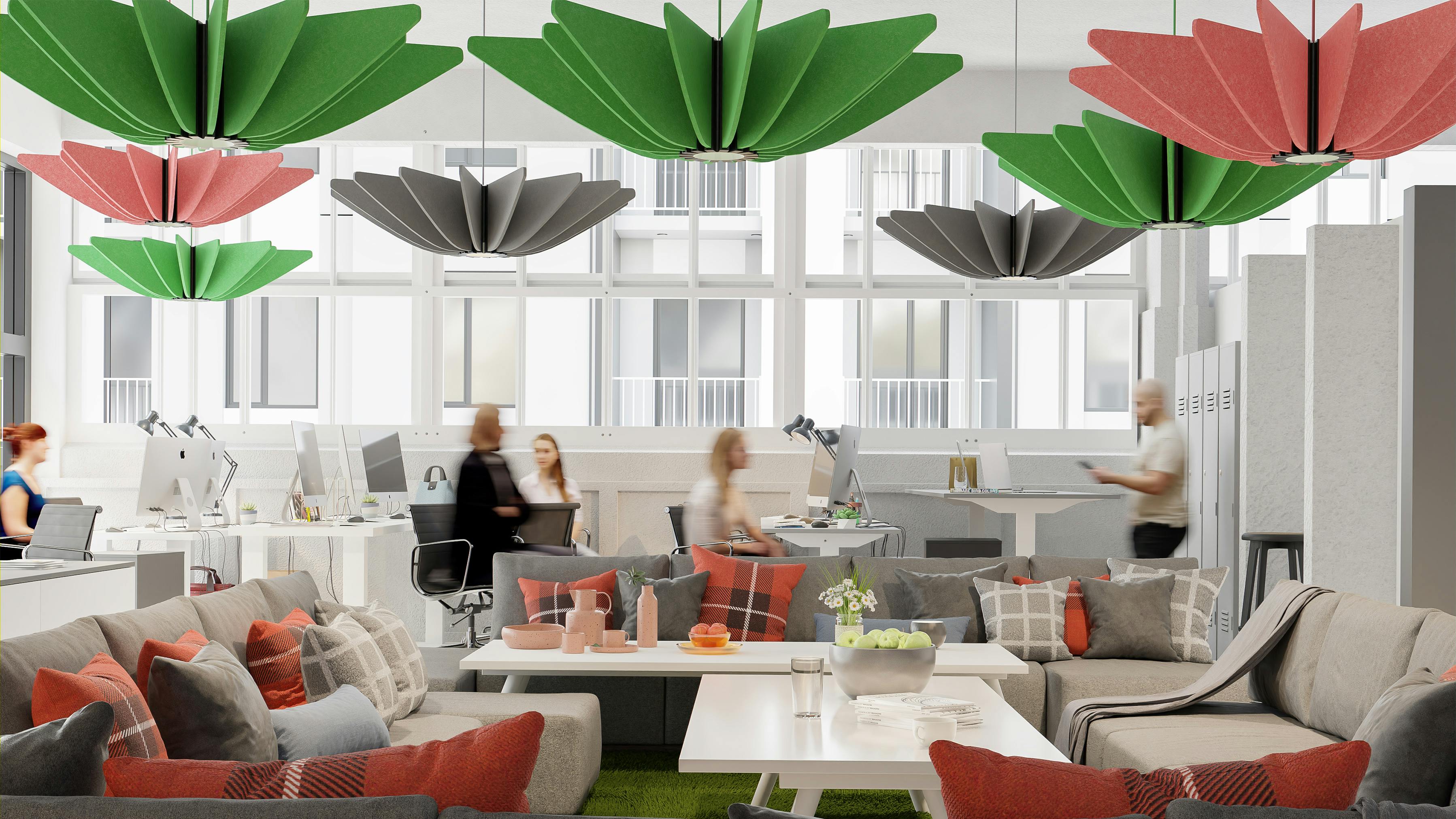 Coronet LED's petite fleur acoustic downlight in an office setting.