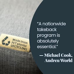 'PET Plastic upcycling' product label tag on the sofa seat fabric material part. 'PET Plastic upcycling' product label tag on the sofa seat fabric material part.