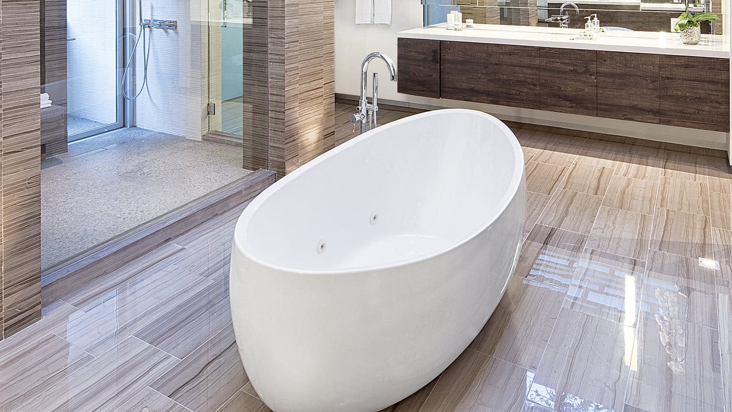 Hydro Systems Picasso Freestanding Bathtub installed in a bathroom.