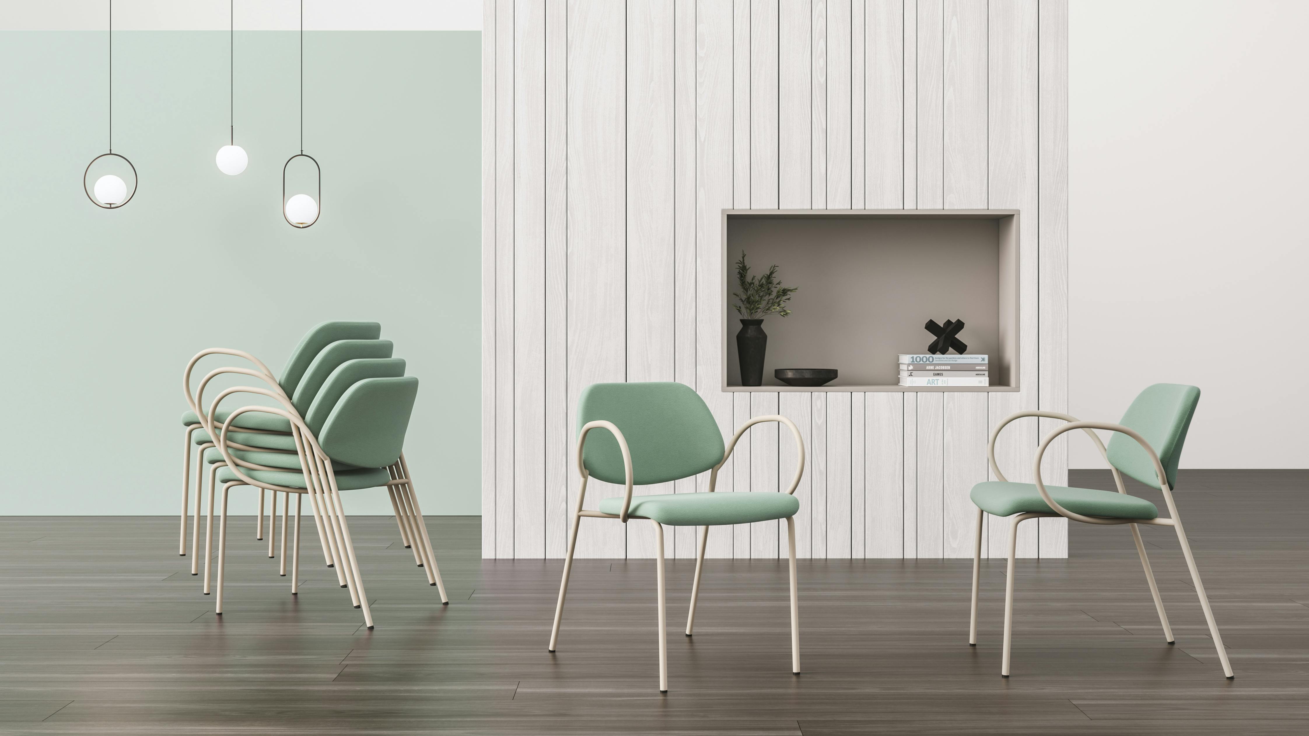 Encore's Pepa Guest Chair comes in arm and armless designs and is stackable.