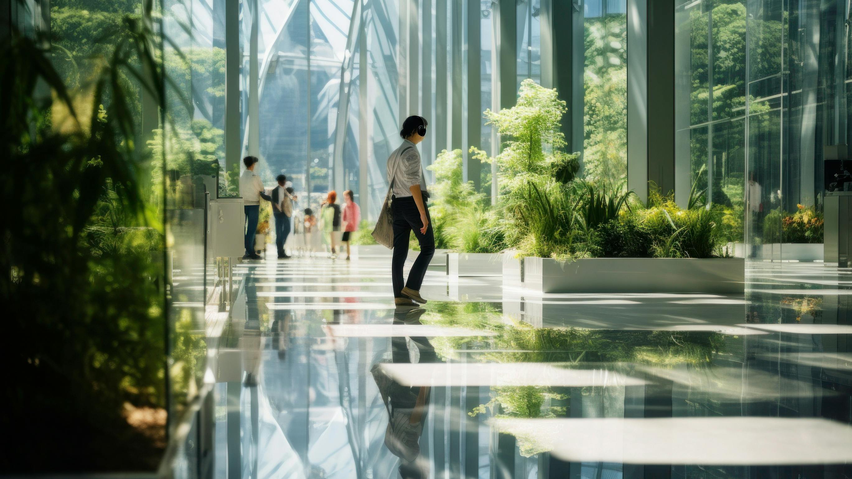 Commercial building entry with large windows, abundant daylight, and greenery