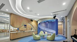 A white Acoustibuilt Seamless Acoustical Ceiling System reduces noise and speech intelligibility for privacy, while curves echoed throughout the space impart movement and progress at Children's Hospital in Memphis, Tennessee. A white Acoustibuilt Seamless Acoustical Ceiling System reduces noise and speech intelligibility for privacy, while curves echoed throughout the space impart movement and progress at Children's Hospital in Memphis, Tennessee.
