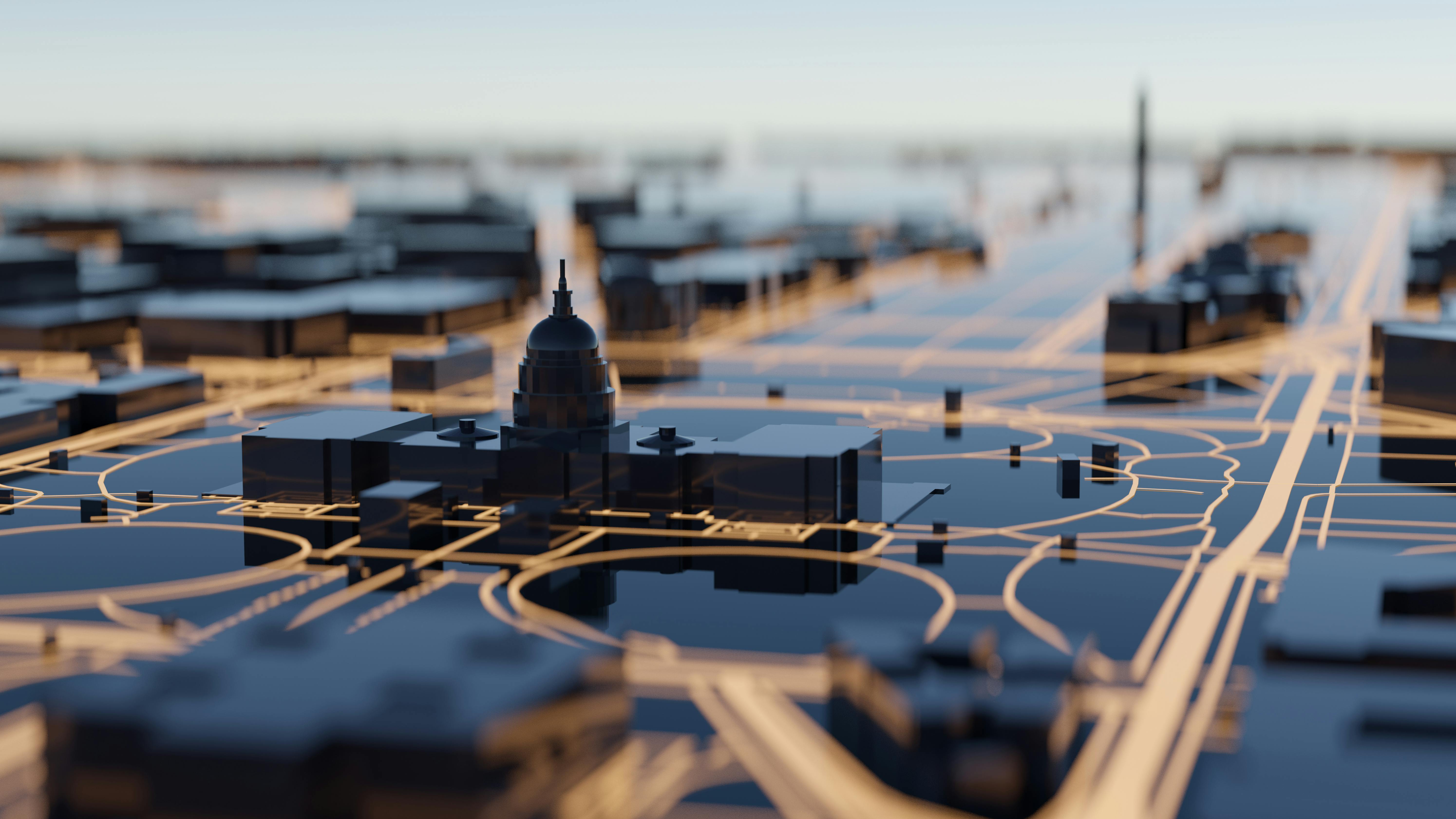 Computer-generated rendering of Washington DC skyline with U.S. Capitol Building silhouetted in the foreground.