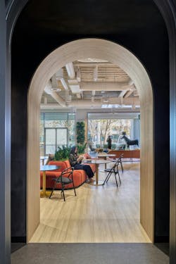 From the entry transition through other spaces, brighter lounge areas are accessed by additional arched openings. From the entry transition through other spaces, brighter lounge areas are accessed by additional arched openings.