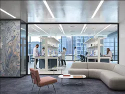 Interior view of Illinois Tech lab from a seating area, showing researchers at glass-walled workstations. The seating area includes a semi-circular modular sofa, modern upholstered metal-frame chair, minimalist metal accent tables, with soft blue, neutral, and gray tones throughout.