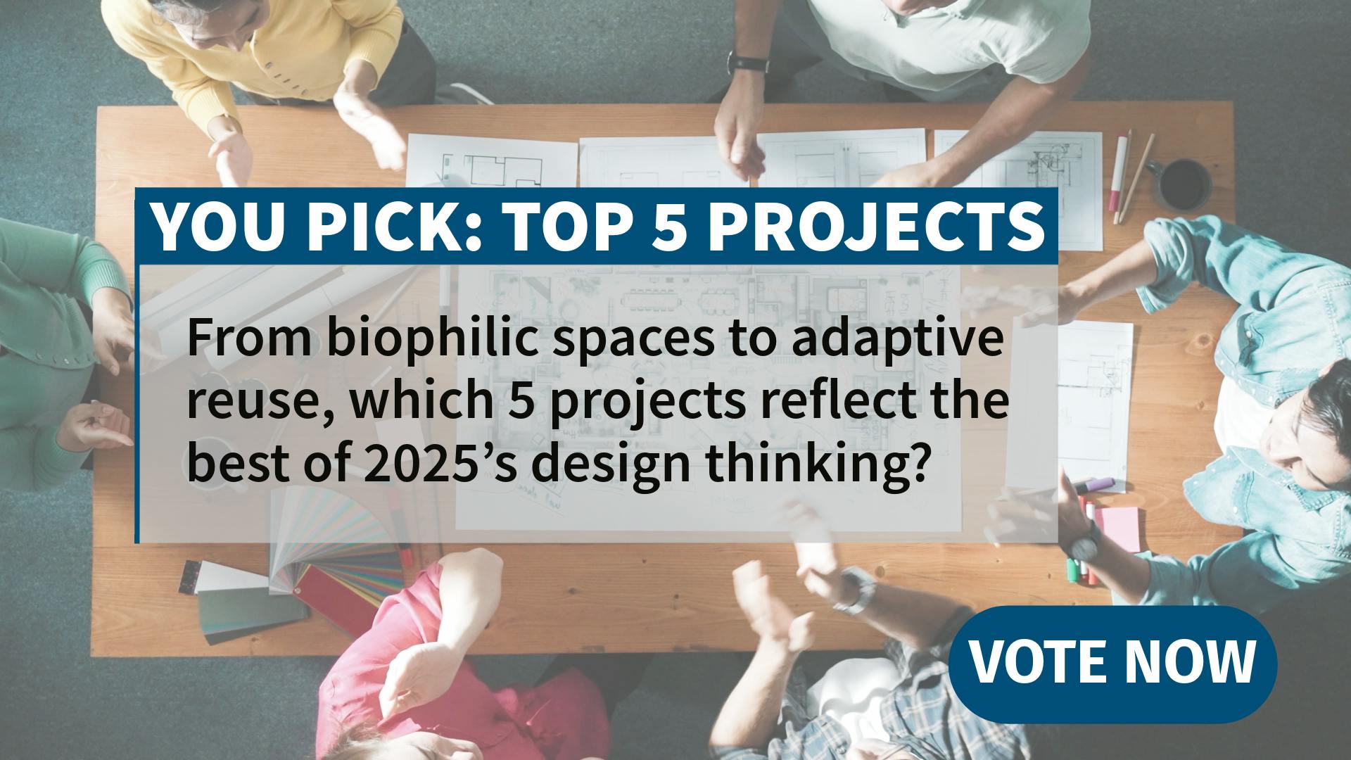 Overhead view of a design team around a table, discussing project plans