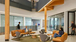 University of Arkansas I3R building atrium features a soaring mass timber canopy, steel laboratory corridor, and plenty of collaborative spaces.