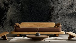 Aztek wall designs use video-based pattern generation and bespoke printing. Shown on a wall in front of a sofa. Aztek wall designs use video-based pattern generation and bespoke printing. Shown on a wall in front of a sofa.