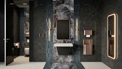 Elvari Washroom Accessories is a stainless-steel collection, shown installed in a bathroom. Elvari Washroom Accessories is a stainless-steel collection, shown installed in a bathroom.