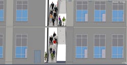 Computer-generated simulation of people egressing from a building for fire safety. Computer-generated simulation of people egressing from a building for fire safety.