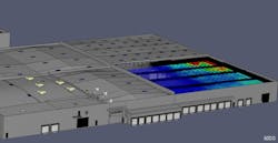 Fire Dynamics Simulation showing temperature distribution near a large warehouse roof structure during a modeled fire scenario. Rendering using Pyrosim. Fire Dynamics Simulation showing temperature distribution near a large warehouse roof structure during a modeled fire scenario. Rendering using Pyrosim.
