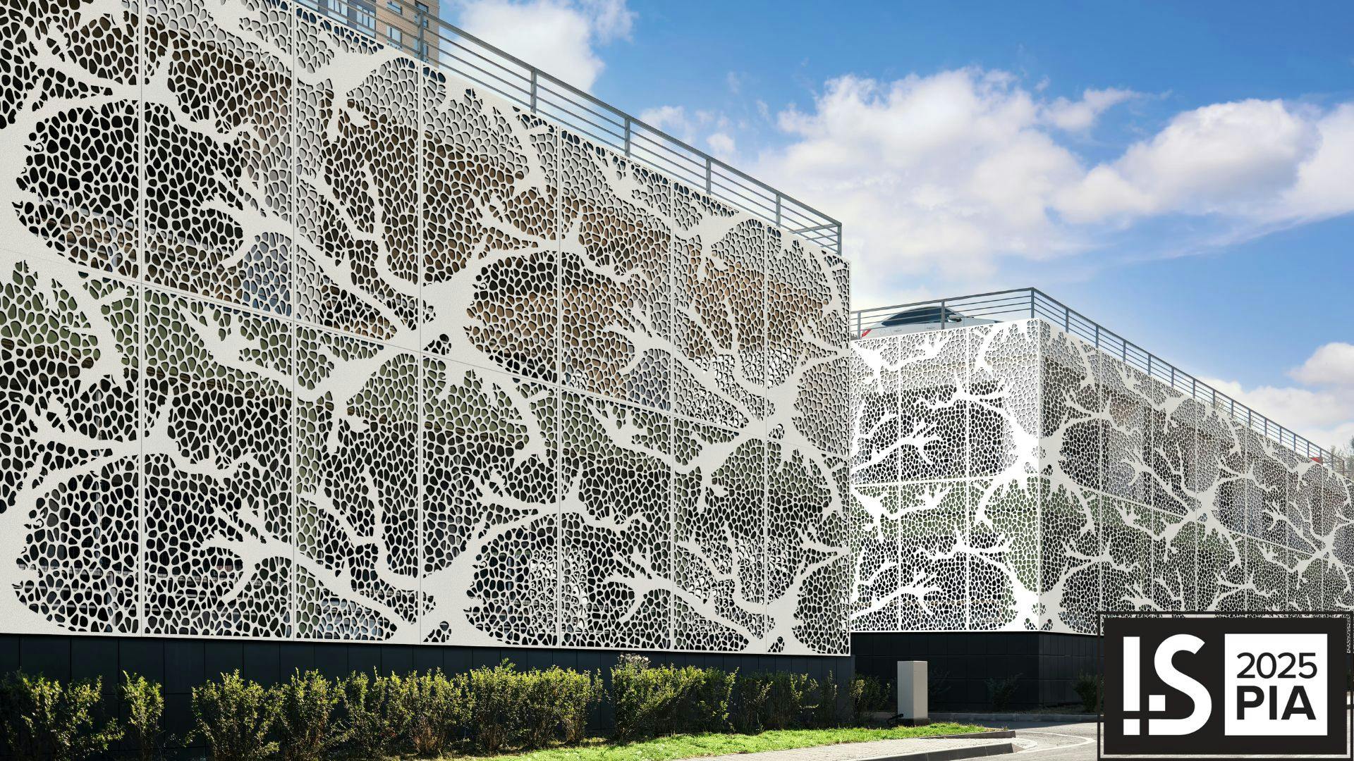 The Synapse Laser Cut Pattern installed on a building's exterior.