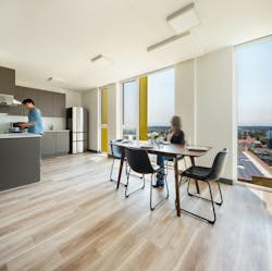 El Cerrito interior apartment kitchen view with large windows and neutral finishes El Cerrito interior apartment kitchen view with large windows and neutral finishes