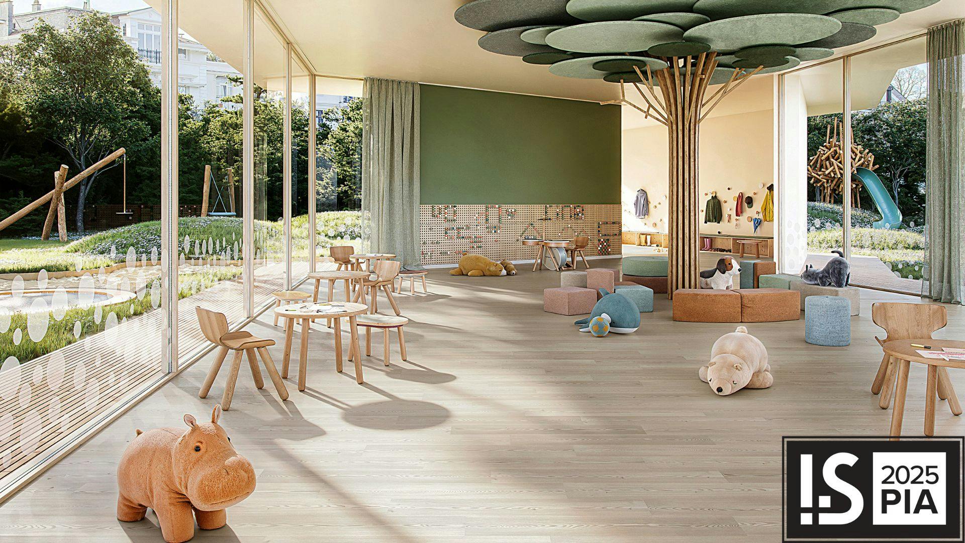 PURLINE bio-based polyurethane wood-look planks in education setting.