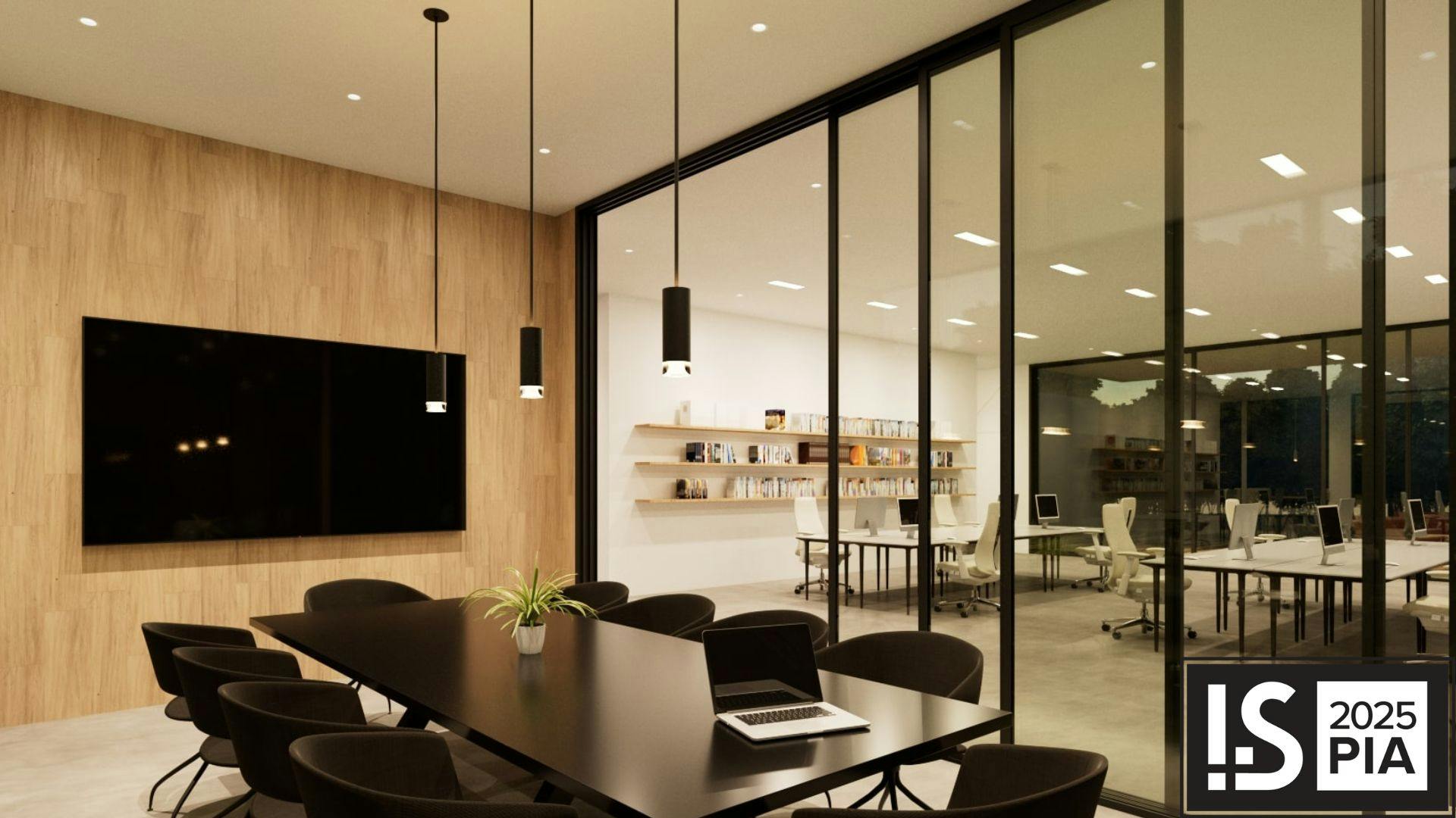 X Series Cylinders are available in multiple lengths and custom color finishes to fit any space. The cylinders are installed over a conference room table.