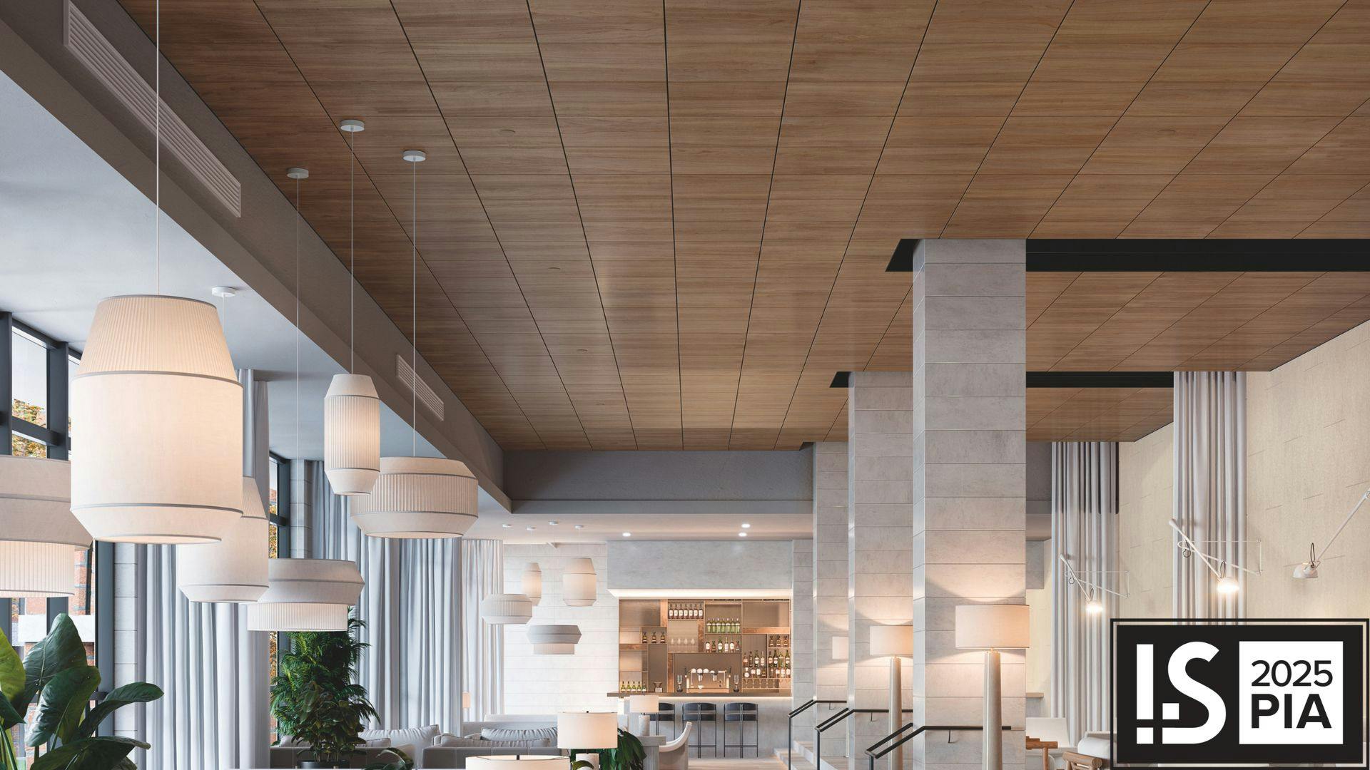 Armstrong's WoodWorks Vector MicroPerforated panels in Constants Vertical Grain Walnut.