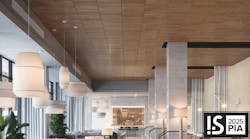 Armstrong's WoodWorks Vector MicroPerforated panels in Constants Vertical Grain Walnut. Armstrong's WoodWorks Vector MicroPerforated panels in Constants Vertical Grain Walnut.