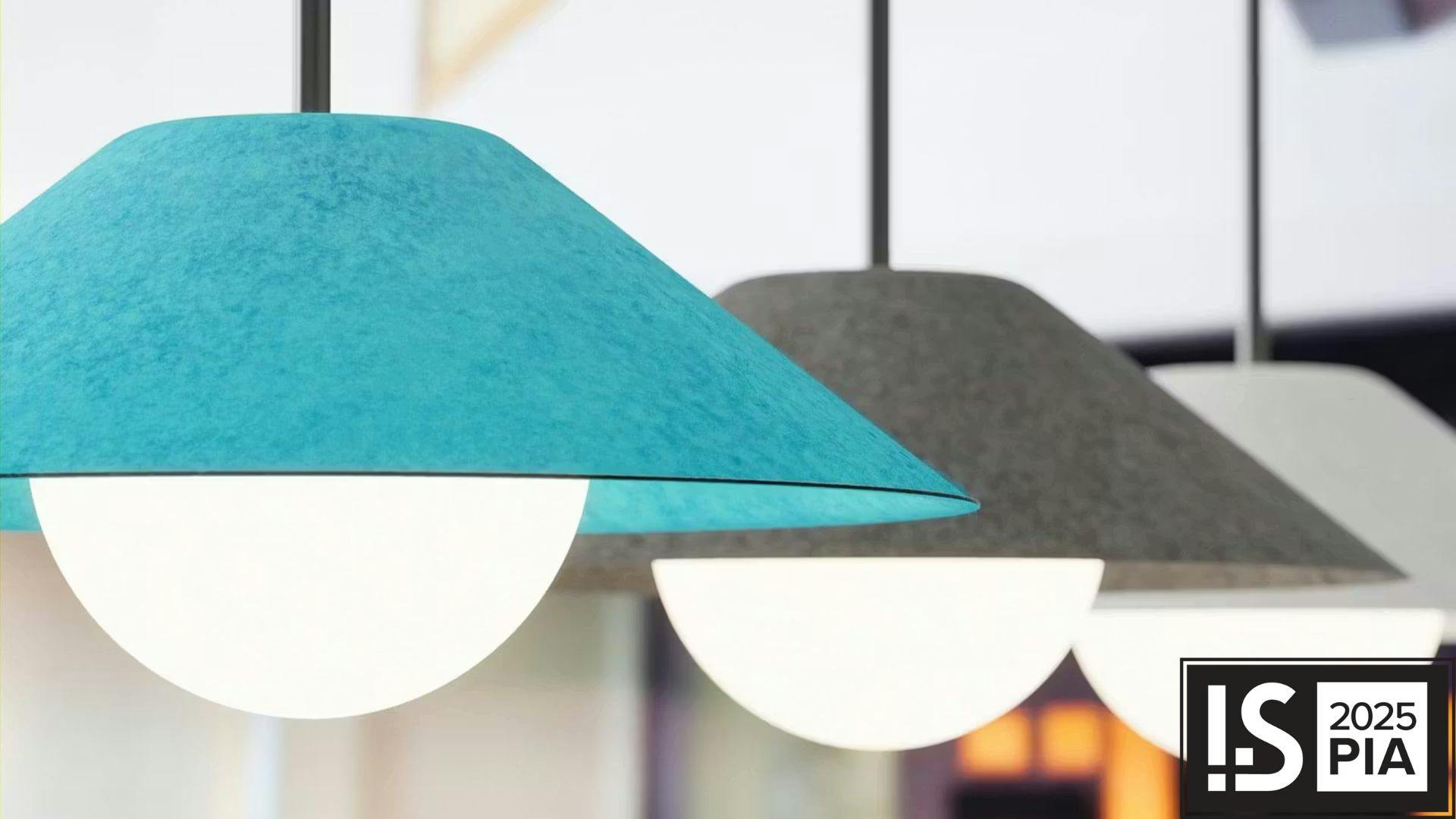 The STFU Acoustic Series is made from 90% post-consumer recycled content. A close-up of three lights with the PET felt are pictured.