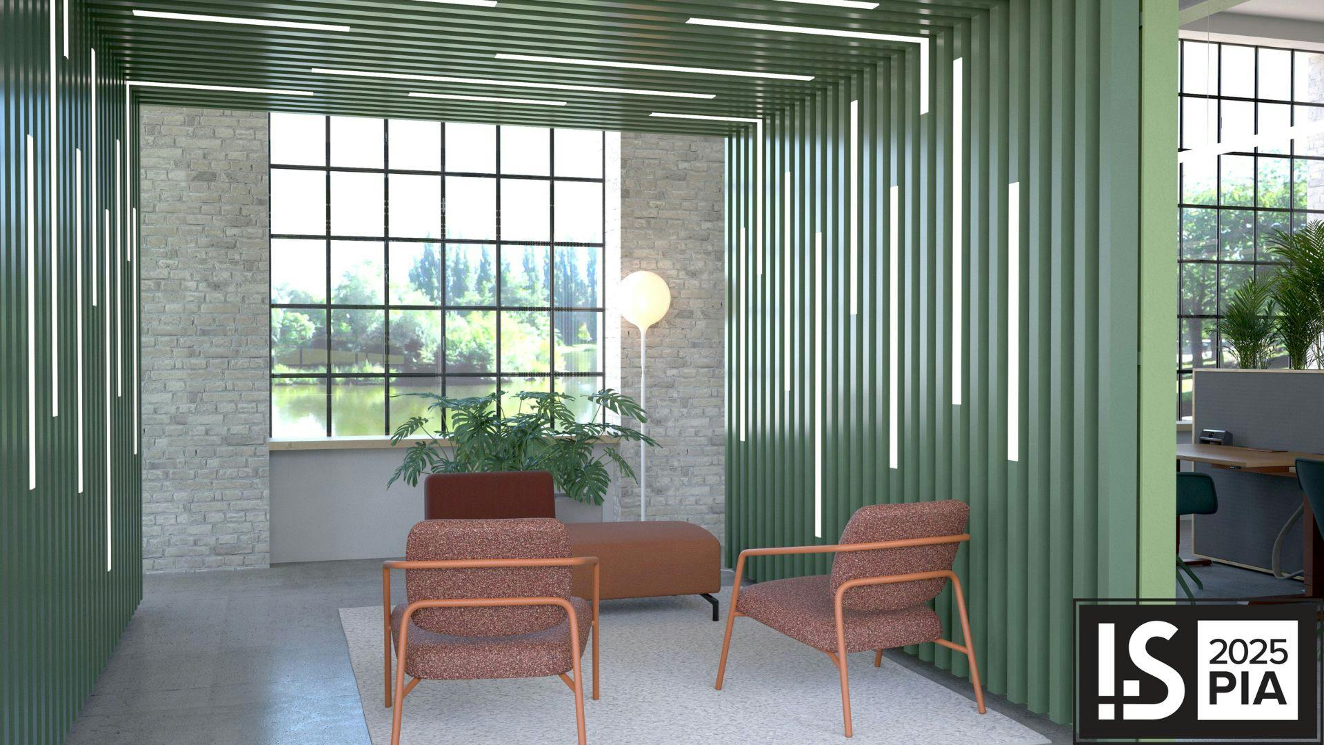 STYX creates linear layers of depth and texture as shown installed as a spacemaker over and beside chairs.