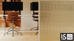 Dual-Sided Texture: Soho Nectar in iltuo bone gray matte in front of a desk and chairs. Dual-Sided Texture: Soho Nectar in iltuo bone gray matte in front of a desk and chairs.