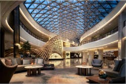 The Grand Atrium Wyndham Grand Shanxi Xiaohe Xincheng displays the dramatic effect of dragon-scale inspired walls and and a golden glow that exudes luxury. The Grand Atrium Wyndham Grand Shanxi Xiaohe Xincheng displays the dramatic effect of dragon-scale inspired walls and and a golden glow that exudes luxury.