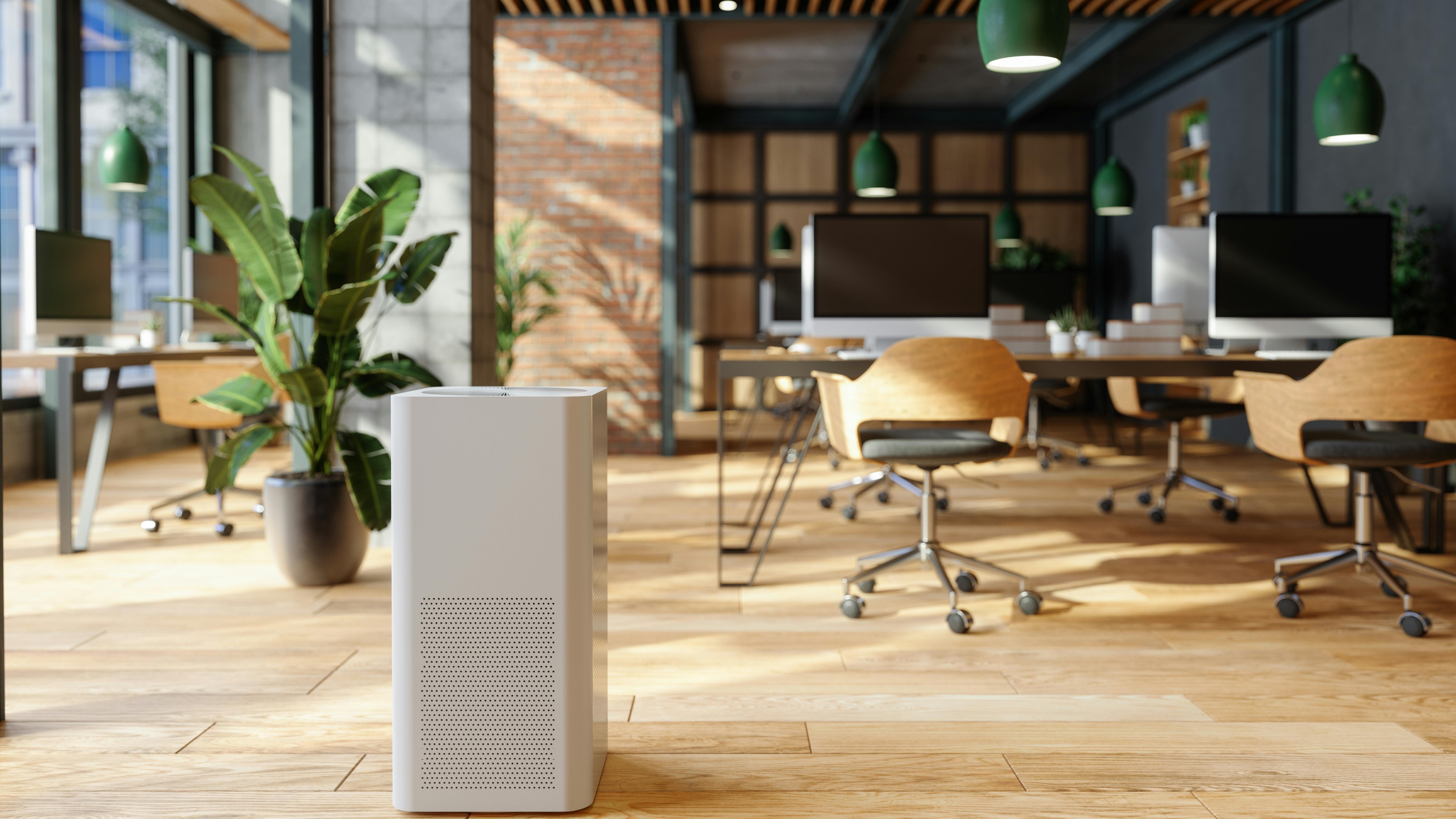 Air purifier on floor of contemporary office with wood floors, natural light and plants.