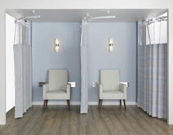 Healthcare spaces featuring seating for individual patients are divided with a sound-dampening curtain for privacy Healthcare spaces featuring seating for individual patients are divided with a sound-dampening curtain for privacy