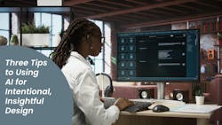 Black female designer works at a computer using an AI engine Black female designer works at a computer using an AI engine