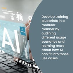 Develop training blueprints in a modular manner by outlining different usage scenarios and learning more about how AI can fit into those use cases. Develop training blueprints in a modular manner by outlining different usage scenarios and learning more about how AI can fit into those use cases.