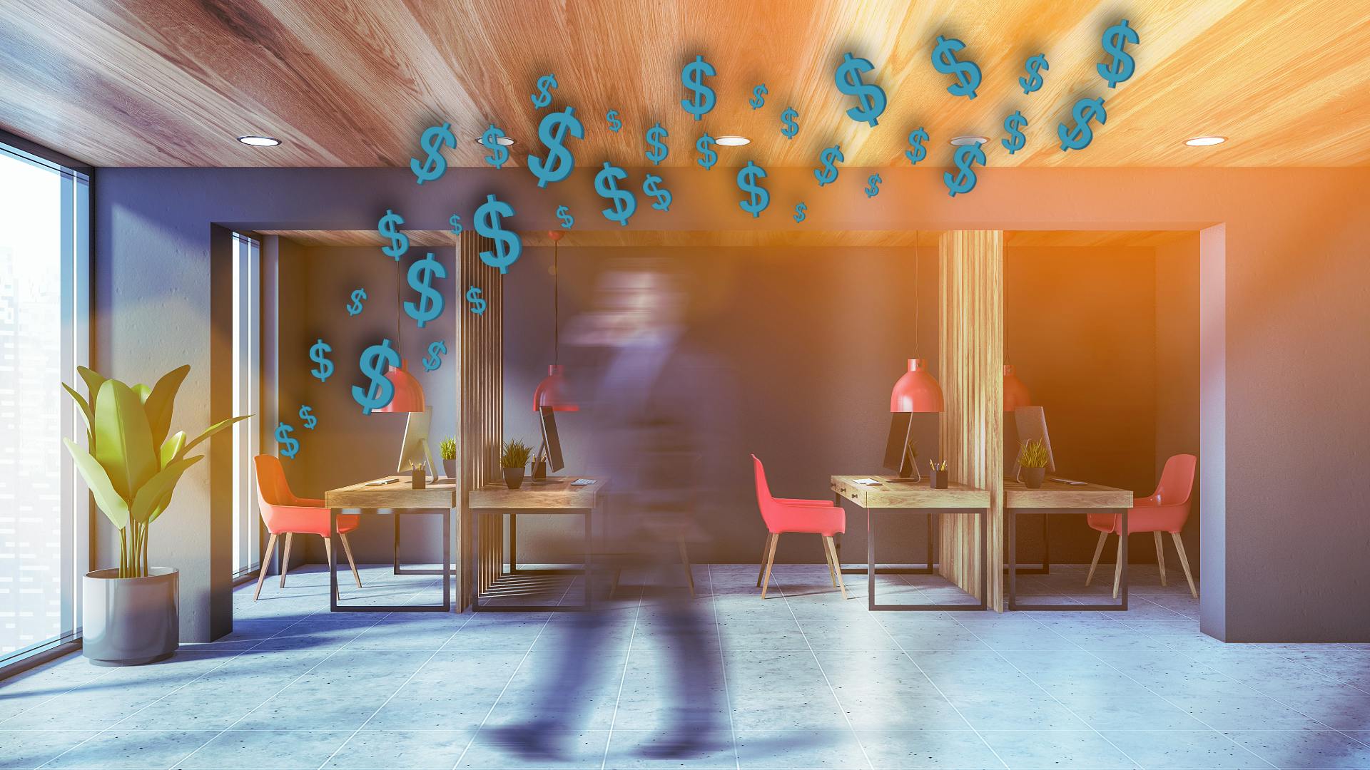 Office worker walking across contemporary commercial workspace, with overlay of teal dollar signs to indicate budget
