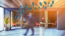 Office worker walking across contemporary commercial workspace, with overlay of teal dollar signs to indicate budget Office worker walking across contemporary commercial workspace, with overlay of teal dollar signs to indicate budget