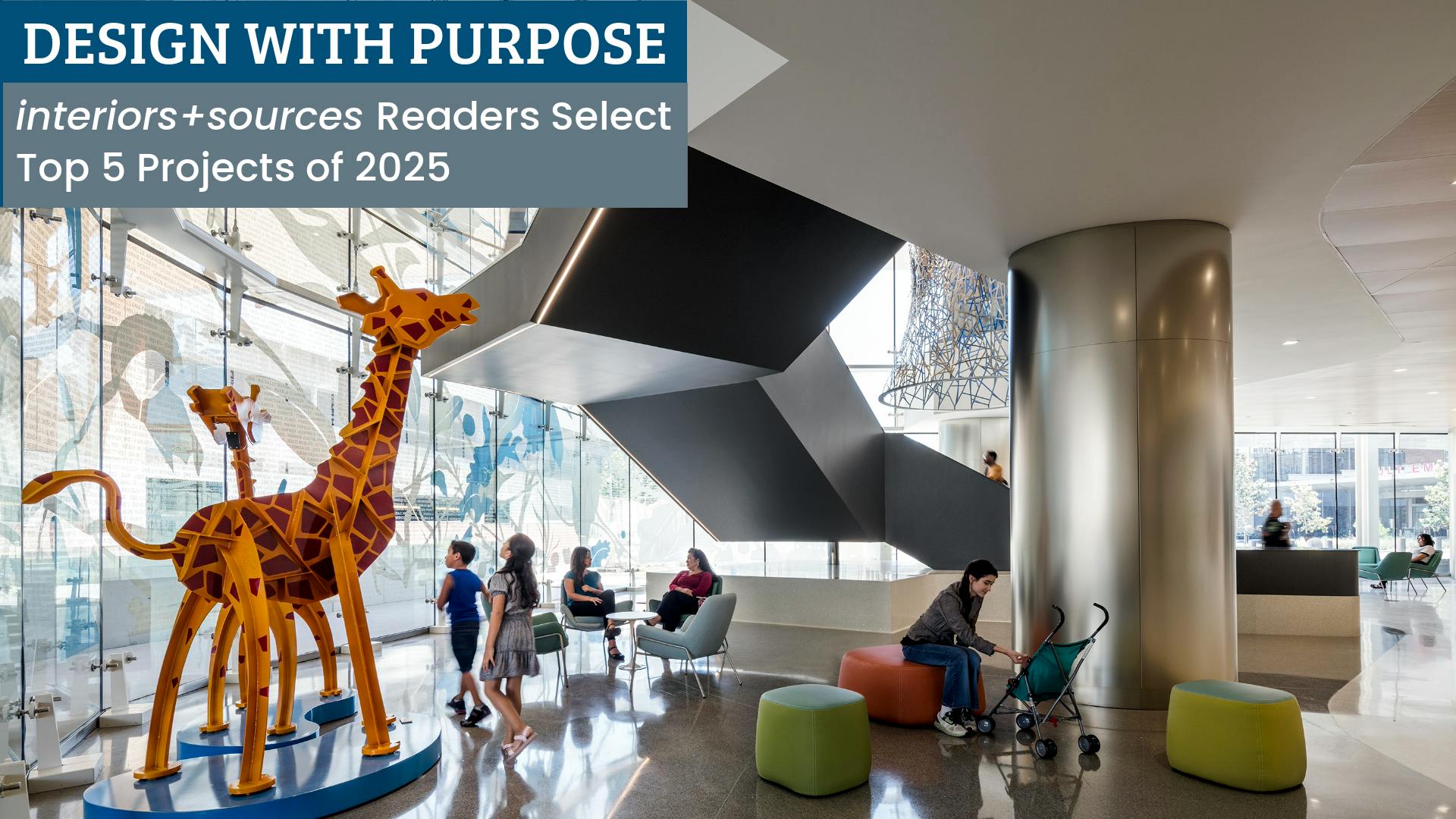 Hospital visitors enter a lobby with large windows, semi-transparent murals, and a pair of giraffe sculptures, complemented by muted green, blue, and orange seating