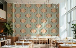 The Mid Century Modern Collection is a line of patterned mosaics with classic midcentury motifs reimagined through a modern lens. Displayed is the Globe in Clementine. The Mid Century Modern Collection is a line of patterned mosaics with classic midcentury motifs reimagined through a modern lens. Displayed is the Globe in Clementine.